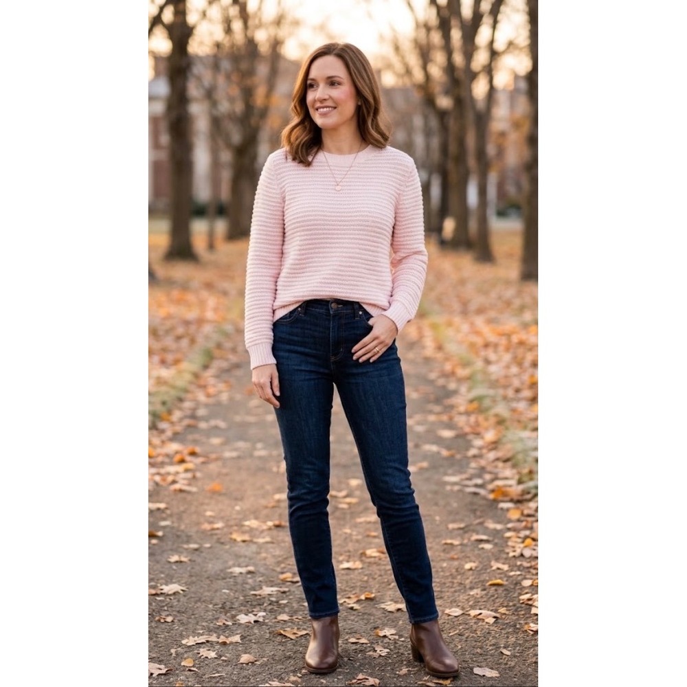 Loft Pink Textured Pointelle Ribbed Crew Neck Sweater Medium